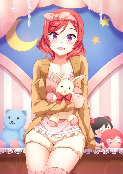 Anime picture 720x1018 with love live! school idol project sunrise (studio) love live! nishikino maki yazawa nico mmrailgun single tall image looking at viewer blush short hair breasts open mouth smile purple eyes cleavage red hair indoors open clothes arm support