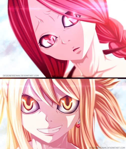 Anime picture 862x1019 with fairy tail lucy heartfilia flare corona designerrenan long hair tall image blonde hair smile twintails multiple girls yellow eyes pink hair sky cloud (clouds) braid (braids) pink eyes sunlight grin coloring multiview
