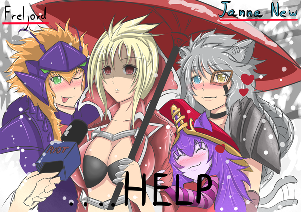 Anime picture 1754x1240 with league of legends lulu (league of legends) rengar (league of legends) vladimir (league of legends) kha'zix (league of legends) torahime (roland00) long hair blush highres short hair light erotic blonde hair smile red eyes multiple girls green eyes animal ears silver hair purple hair tail