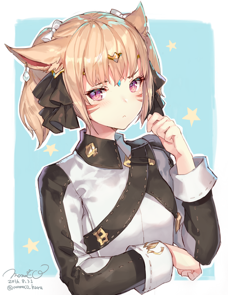 Anime picture 800x1035 with final fantasy final fantasy xiv square enix miqo'te momoko (momopoco) single tall image looking at viewer fringe short hair simple background blonde hair twintails signed animal ears payot upper body pink eyes cat ears cat girl