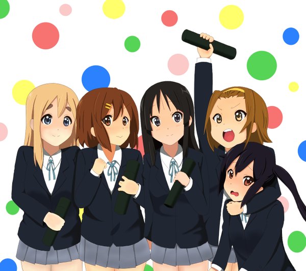 Anime picture 1350x1200 with k-on! kyoto animation akiyama mio hirasawa yui nakano azusa kotobuki tsumugi tainaka ritsu open mouth blue eyes black hair blonde hair brown hair multiple girls brown eyes girl serafuku 5 girls