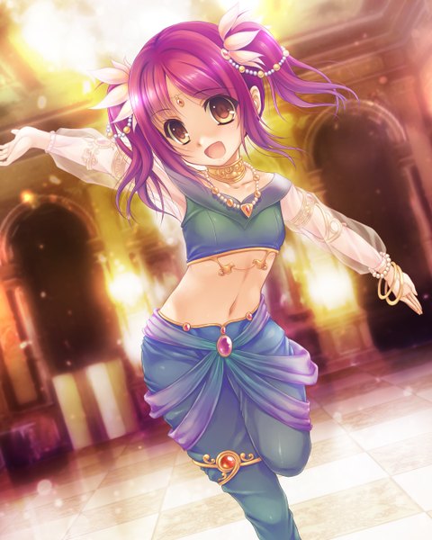 Anime picture 1120x1400 with original aocchi single long hair tall image open mouth twintails brown eyes purple hair traditional clothes dancing girl navel hair ornament