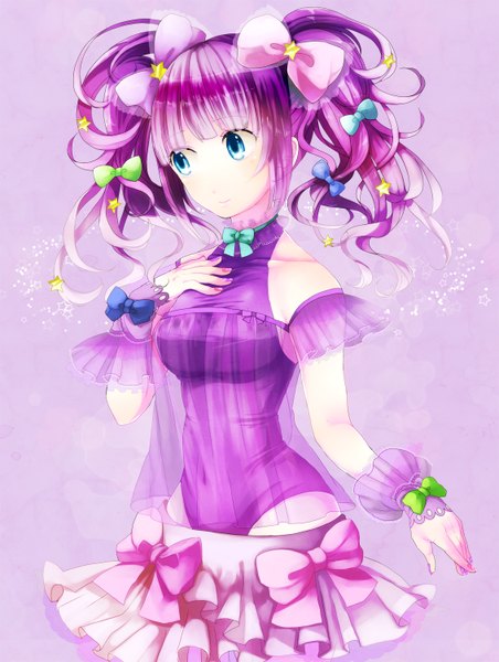 Anime picture 1131x1500 with original nizakana takaharu single long hair tall image blue eyes looking away purple hair light smile girl dress bow hair bow