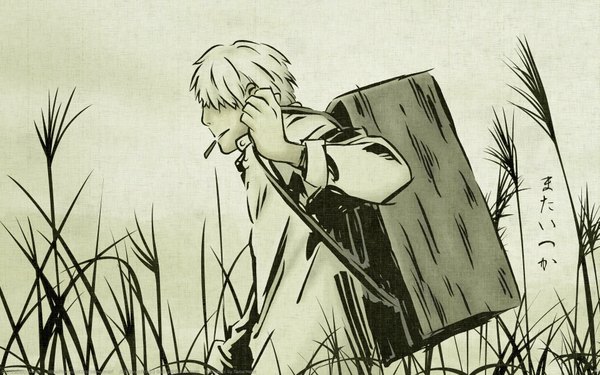 Anime picture 1920x1200 with mushishi ginko tama-neko single highres short hair blonde hair wide image white hair mouth hold monochrome hair over eyes boy plant (plants) shirt grass cigarette box