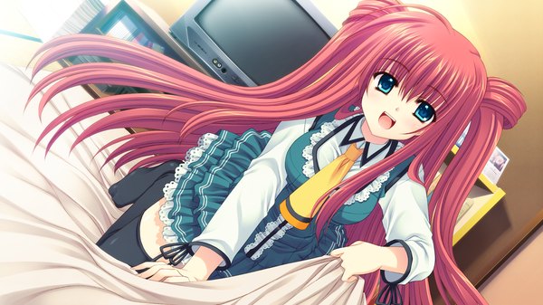 Anime picture 1280x720 with world wide love! (game) yamino yumeko long hair open mouth blue eyes wide image twintails game cg red hair girl thighhighs uniform black thighhighs school uniform