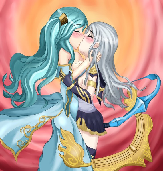 Anime picture 1200x1260 with league of legends sona buvelle ashe (league of legends) yurinoryuu long hair tall image blush light erotic multiple girls silver hair eyes closed aqua hair shoujo ai kiss girl dress 2 girls bow (weapon) harp