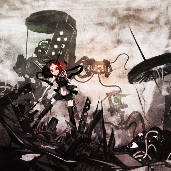 Anime picture 1300x1300 with original un (alternatif) short hair smile red eyes brown hair horn (horns) glowing glowing eye (eyes) girl thighhighs weapon shorts mecha