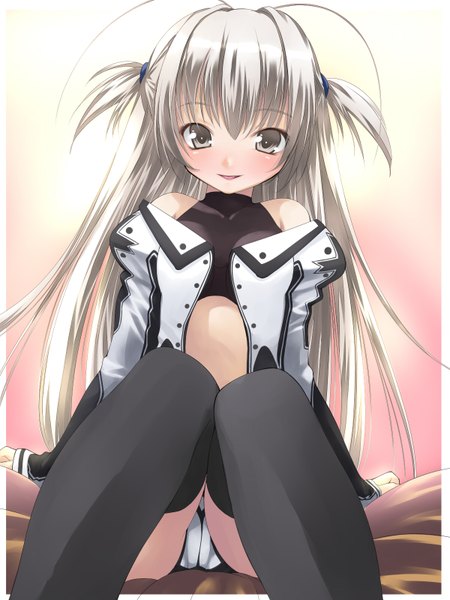 Anime picture 1200x1600 with original alric (mu-h) single long hair tall image looking at viewer smile sitting silver hair silver eyes girl thighhighs black thighhighs