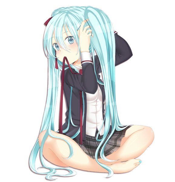 Anime picture 1000x1038 with vocaloid hatsune miku komugi (accelerator) single long hair tall image fringe simple background hair between eyes white background sitting twintails holding full body barefoot aqua eyes aqua hair mouth hold adjusting hair indian style