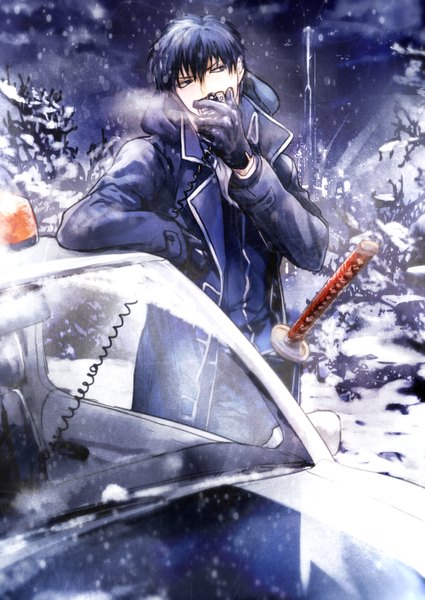 Anime picture 1000x1412 with gintama sunrise (studio) hijikata toshiro single tall image short hair standing blue hair looking away outdoors open clothes open jacket snowing winter snow exhalation boy gloves weapon plant (plants)