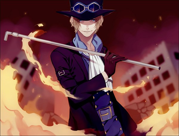 Anime picture 1186x904 with one piece toei animation sabo (one piece) too mizuguchi single looking at viewer short hair blue eyes blonde hair smile boy gloves weapon hat black gloves fire goggles neckerchief flame