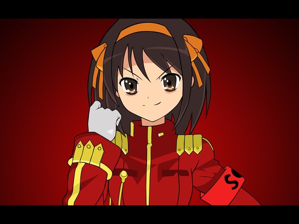 Anime picture 1680x1260 with suzumiya haruhi no yuutsu the day of sagittarius iii kyoto animation suzumiya haruhi letterboxed red background vector soldier girl uniform