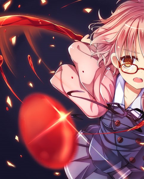 Anime picture 1000x1237 with kyoukai no kanata kyoto animation kuriyama mirai amemiya ruki single tall image short hair open mouth brown eyes pink hair tears girl ribbon (ribbons) weapon sword glasses serafuku blood