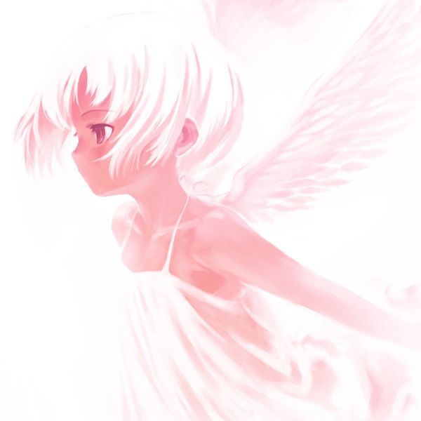 Anime picture 1200x1200 with kawata hisashi single short hair red eyes white background white hair profile flat chest angel wings girl sundress