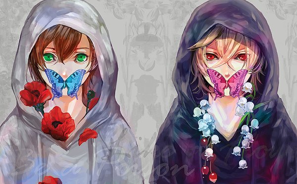 Anime picture 1000x621 with zetsuen no tempest studio bones fuwa mahiro takigawa yoshino ihiro short hair blonde hair red eyes brown hair wide image green eyes inscription multiple boys boy flower (flowers) petals food hood insect butterfly