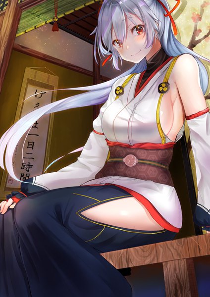 Anime picture 2825x3996 with fate (series) fate/grand order tomoe gozen (fate) felnemo3 single long hair tall image blush highres breasts light erotic smile red eyes sitting silver hair ponytail traditional clothes japanese clothes sideboob hieroglyph