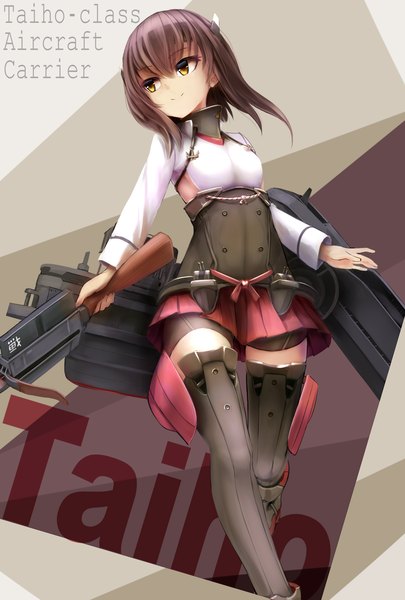 Anime picture 1181x1748 with kantai collection taihou armored aircraft carrier kachayori single long hair tall image smile brown hair brown eyes looking away inscription character names girl skirt hair ornament weapon miniskirt armor gun thigh boots