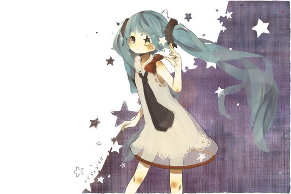 Anime picture 1500x1000 with vocaloid hatsune miku meisa single long hair looking at viewer standing twintails one eye closed aqua hair girl dress star (symbol)