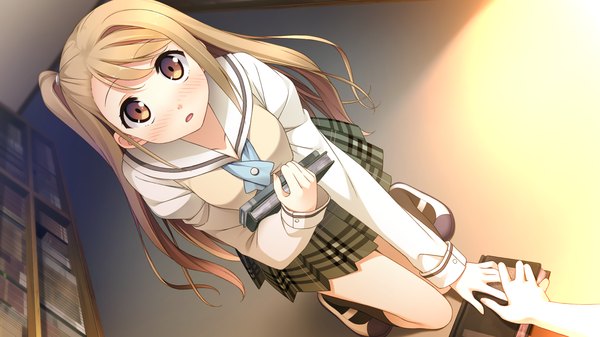 Anime picture 1920x1080 with your diary tagme (character) kantoku long hair looking at viewer blush highres open mouth brown hair wide image brown eyes game cg girl skirt uniform school uniform socks black socks