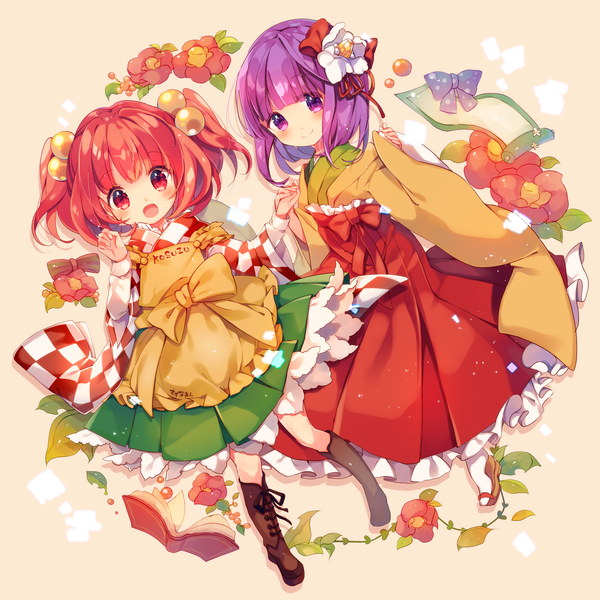 Anime picture 2150x2150 with touhou hieda no akyuu motoori kosuzu ana (rznuscrf) looking at viewer blush fringe highres short hair open mouth smile red eyes purple eyes multiple girls purple hair full body red hair traditional clothes :d japanese clothes