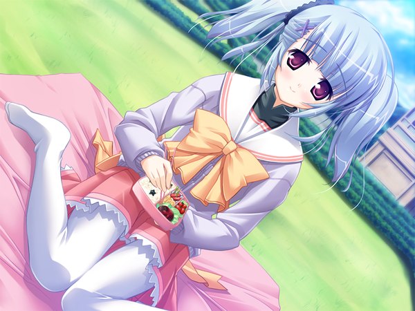 Anime picture 1200x900 with gakuto (game) red eyes twintails game cg grey hair girl