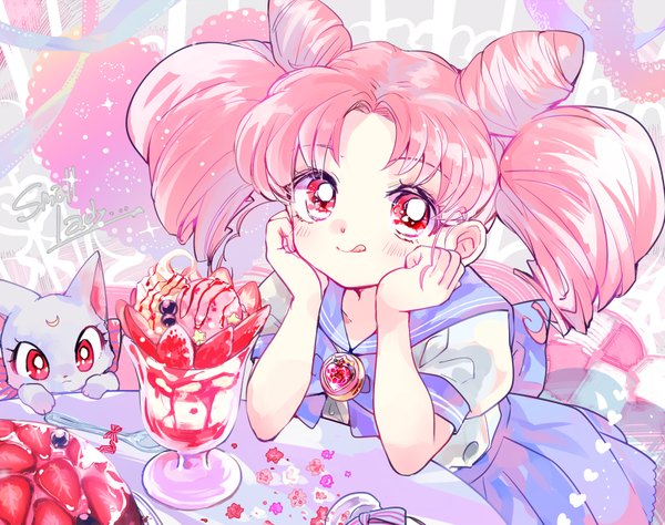 Anime picture 800x633 with bishoujo senshi sailor moon toei animation chibiusa diana asako (itiba) blush short hair twintails looking away pink hair pink eyes from above arm support hair bun (hair buns) character names short twintails :q cute girl uniform