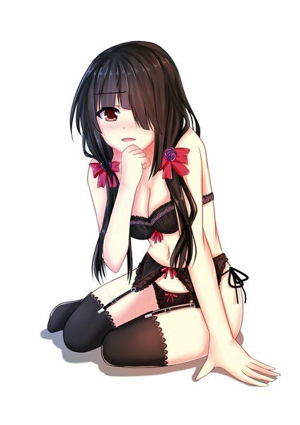 Anime picture 707x1000 with date a live tokisaki kurumi itachi kanade single long hair tall image looking at viewer blush fringe light erotic black hair simple background red eyes white background sitting hair over one eye midriff girl thighhighs navel