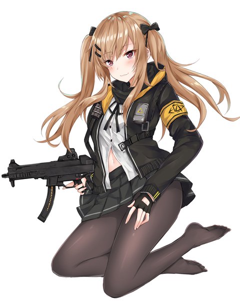 Anime picture 1200x1499 with girls frontline ump9 (girls frontline) coffeedog single long hair tall image looking at viewer blush light erotic simple background smile brown hair white background purple eyes twintails holding full body pleated skirt bare belly no shoes