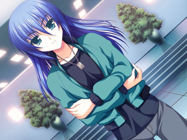 Anime picture 1600x1200 with fake azure arcology isana haruko asami asami single long hair blue hair game cg long sleeves aqua eyes open clothes open jacket wallpaper crossed arms serious girl jacket necklace stairs jeans bushes