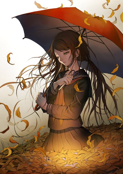 Anime picture 723x1023 with original tsukioka tsukiho single long hair tall image brown hair twintails brown eyes low twintails looking down girl skirt serafuku leaf (leaves) umbrella