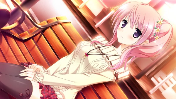 Anime picture 1280x720 with sakura mau otome no rondo komine manami single long hair blush wide image sitting purple eyes pink hair game cg ponytail side ponytail girl thighhighs skirt black thighhighs pendant sweater bench