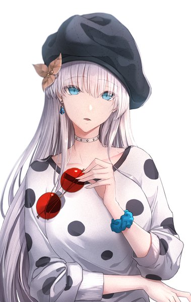 Anime picture 700x1108 with fate (series) fate/grand order anastasia (fate) limeblock single long hair tall image looking at viewer fringe blue eyes simple background white background holding silver hair upper body parted lips polka dot wrist scrunchie hair over eyes sunglasses removed