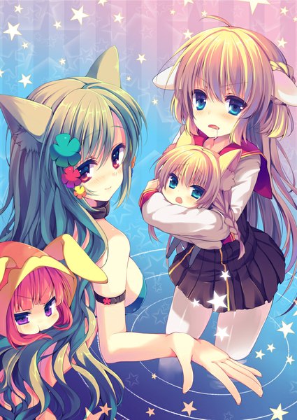 Anime picture 708x1000 with original garuta (yamucha) yumeko (reia) wowco (yamucha) monika (reia) reia long hair tall image looking at viewer blush open mouth blue eyes blonde hair red eyes purple eyes multiple girls animal ears grey hair chibi borrowed character