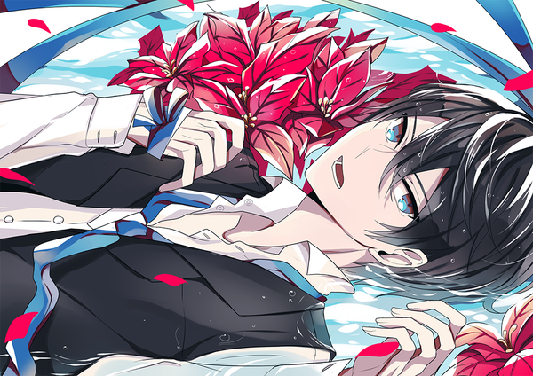 Anime picture 1000x708 with free! kyoto animation nanase haruka (free!) sukihi (artist) single short hair blue eyes black hair lying open collar boy flower (flowers) shirt water necktie