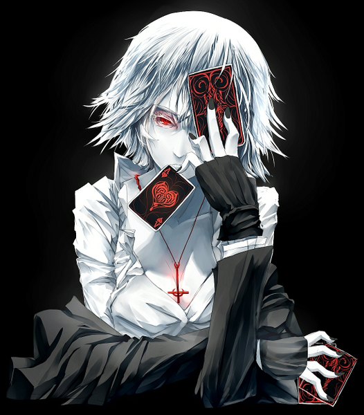 Anime picture 1099x1254 with touhou izayoi sakuya tan (carbon) single tall image looking at viewer short hair simple background red eyes white hair nail polish black background pale skin partially open clothes girl gloves shirt fingerless gloves cross necklace