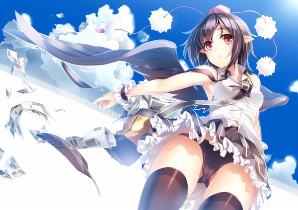 Anime picture 800x565 with touhou shameimaru aya ryuji (ikeriu) single short hair light erotic black hair red eyes sky cloud (clouds) pointy ears girl thighhighs skirt underwear panties black thighhighs wings bag feather (feathers)