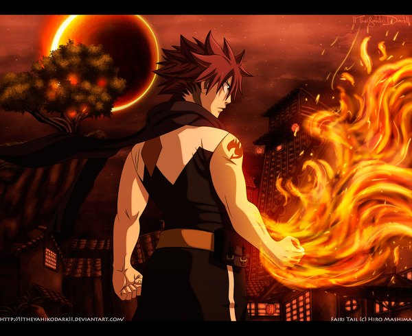 Anime picture 1024x837 with fairy tail natsu dragneel iitheyahikodarkii single short hair red hair profile orange eyes tattoo night sky sleeveless coloring magic letterboxed boy plant (plants) tree (trees) building (buildings) moon star (stars)