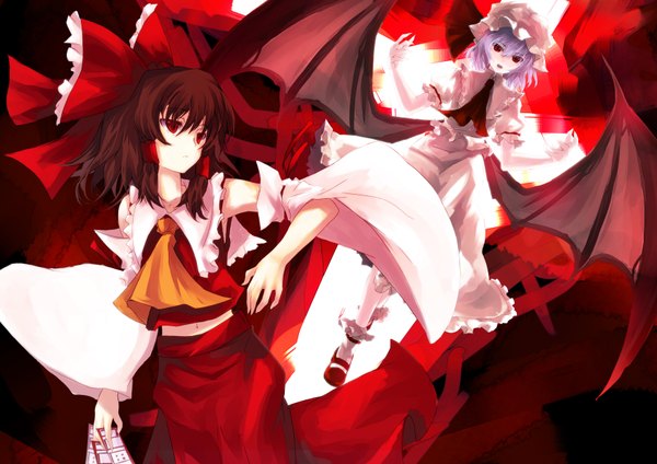 Anime picture 1754x1240 with touhou hakurei reimu remilia scarlet asagi shii highres short hair red eyes brown hair bare shoulders multiple girls purple hair miko girl dress skirt bow 2 girls hair bow detached sleeves wings