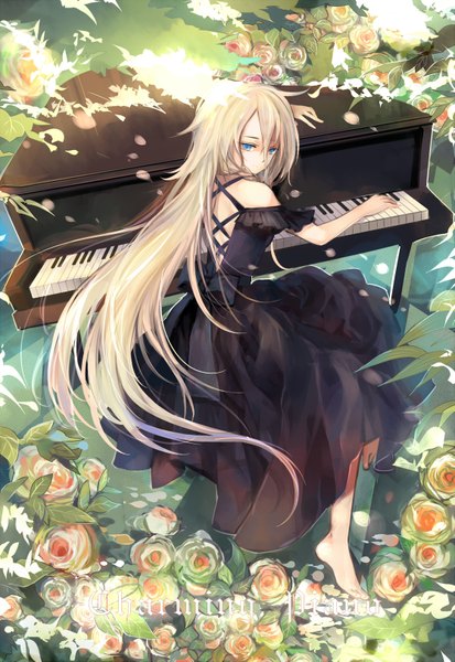 Anime picture 1117x1623 with vocaloid ia (vocaloid) aki single long hair tall image looking at viewer fringe blue eyes blonde hair sitting bare shoulders looking back barefoot sunlight short sleeves no shoes girl dress flower (flowers)