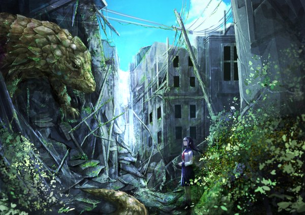 Anime picture 1228x868 with original koruse long hair blue eyes black hair sky cloud (clouds) ruins girl skirt uniform plant (plants) serafuku dragon