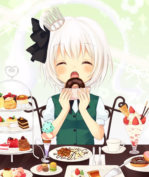 Anime picture 1267x1500 with touhou konpaku youmu purin jiisan tall image blush short hair open mouth white hair eyes closed eating girl food sweets crown ice cream