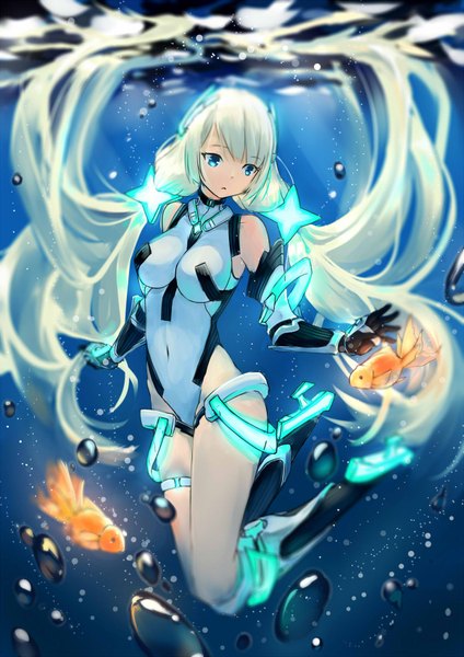 Anime picture 1200x1696 with expelled from paradise angela balzac jia qingwa tall image fringe breasts blue eyes blonde hair twintails bare shoulders bent knee (knees) very long hair parted lips low twintails outstretched arm underwater glow girl gloves navel
