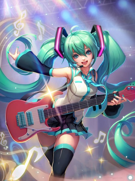 Anime picture 1501x2000 with vocaloid hatsune miku loewy single tall image looking at viewer open mouth blue eyes twintails very long hair aqua hair zettai ryouiki girl thighhighs skirt hair ornament black thighhighs detached sleeves miniskirt necktie