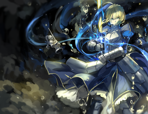 Anime picture 1920x1478 with fate (series) fate/stay night type-moon artoria pendragon (all) saber saberiii single long hair looking at viewer highres blonde hair green eyes ahoge braid (braids) puffy sleeves girl dress weapon sword armor