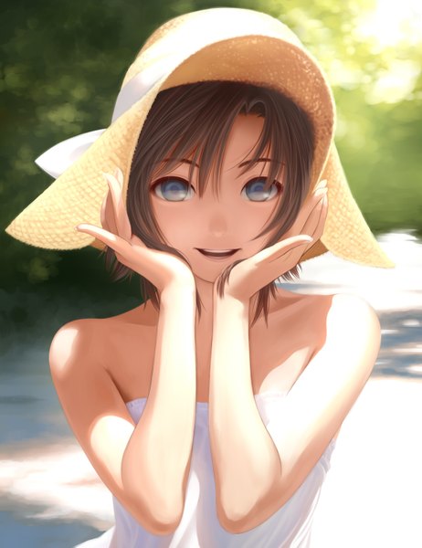 Anime picture 1134x1471 with idolmaster kikuchi makoto nekopuchi single tall image looking at viewer short hair open mouth blue eyes brown hair girl hat sundress