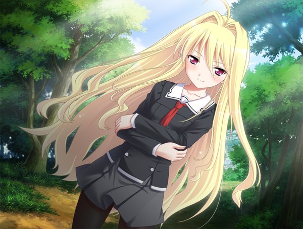 Anime picture 1024x775 with hiyoko strike! (game) tagme (character) yasuyuki long hair blonde hair game cg pink eyes girl skirt uniform plant (plants) school uniform miniskirt shirt tree (trees)