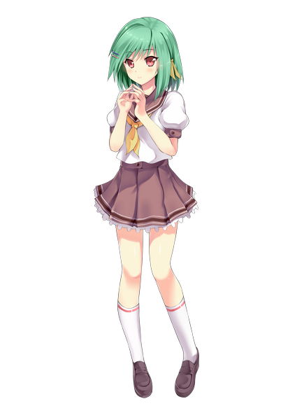 Anime picture 1062x1500 with original arudehido single tall image looking at viewer blush short hair red eyes green hair transparent background girl uniform hair ornament school uniform socks hairclip white socks