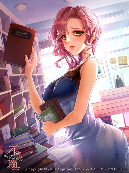 Anime picture 720x960 with furyou michi ~gang road~ wooju single long hair tall image looking at viewer light erotic green eyes pink hair girl dress book (books) sundress shelf bookshelf