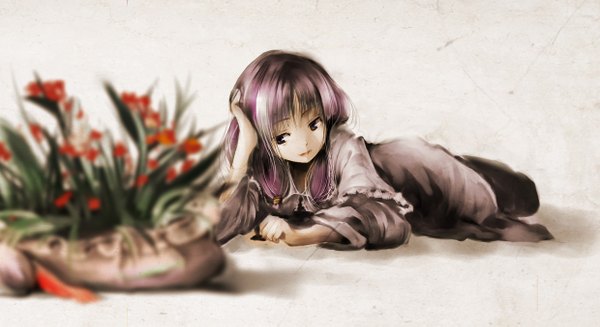Anime picture 1240x677 with touhou patchouli knowledge yae (mono110) simple background wide image white background purple hair lying multicolored hair depth of field chin rest no hat girl flower (flowers)