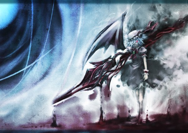 Anime picture 1689x1200 with touhou remilia scarlet modama single fringe short hair red eyes purple hair hair over one eye grin bat wings girl dress hat huge weapon spear the gungnir